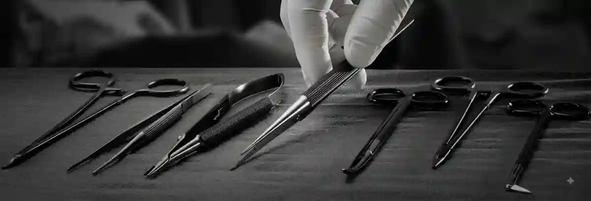Gloved hand selecting a surgical instrument from an arranged set
