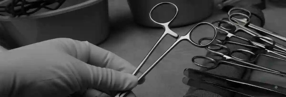 Gloved hand holding ring-handled surgical forceps beside other instruments
